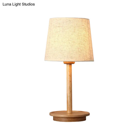 Modern White Fabric Desk Lamp With Wood Base - Tapered Design 1 Bulb Night Table Light