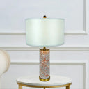 Modern White Fabric Drum Table Light With Agate Red Marble Base - 1 Head Night Lamp