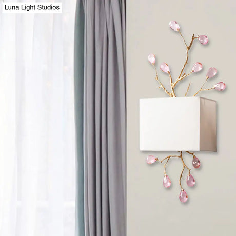 Modern White Fabric Square Wall Mount Lamp With Pink Crystal Accent - 2 Lights Sconce