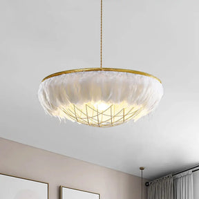 Modern White Feather Chandelier Light - 2 Head Copper Down Lighting with Wire Cage 16’’/19.5’’/23.5’’ Wide White / 16’’