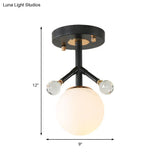 Modern White Glass And Metal Ceiling Lighting With Crystal Ball Deco - 1 Light Globe Semi Flush