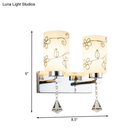 Modern White Glass Cylinder Wall Sconce With 2 Bulbs Chrome Finish And Elegant Flower Pattern