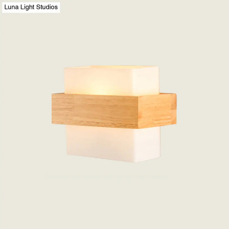 Modern White Glass Rectangle Sconce With Wooden Accents - Single-Bulb Wall Light Fixture