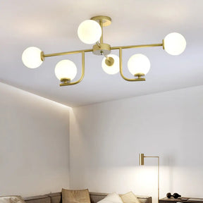 Modern White Glass Semi Flush Mount Ceiling Fixture With Gold Accents - 6 Bulbs