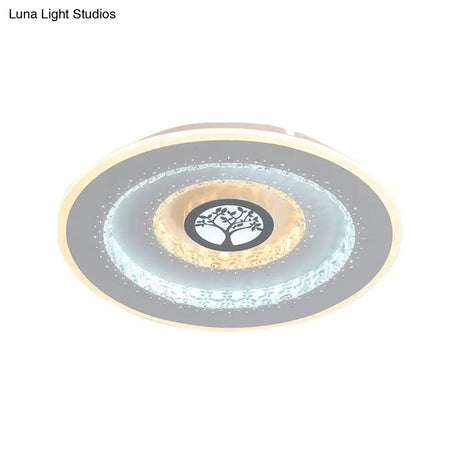Modern White Round Crystal Led Ceiling Light With Tree Pattern - Flushmount Lighting In White/Warm