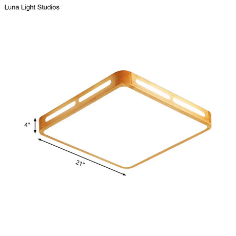 Modern Wood Beige Led Ceiling Light For Bedroom - Rectangle Flush Mount Lamp 12’/18’/21’/25.5’ Wide