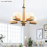 Modern Wood Cube Chandelier With Multiple Bulbs For Bedroom