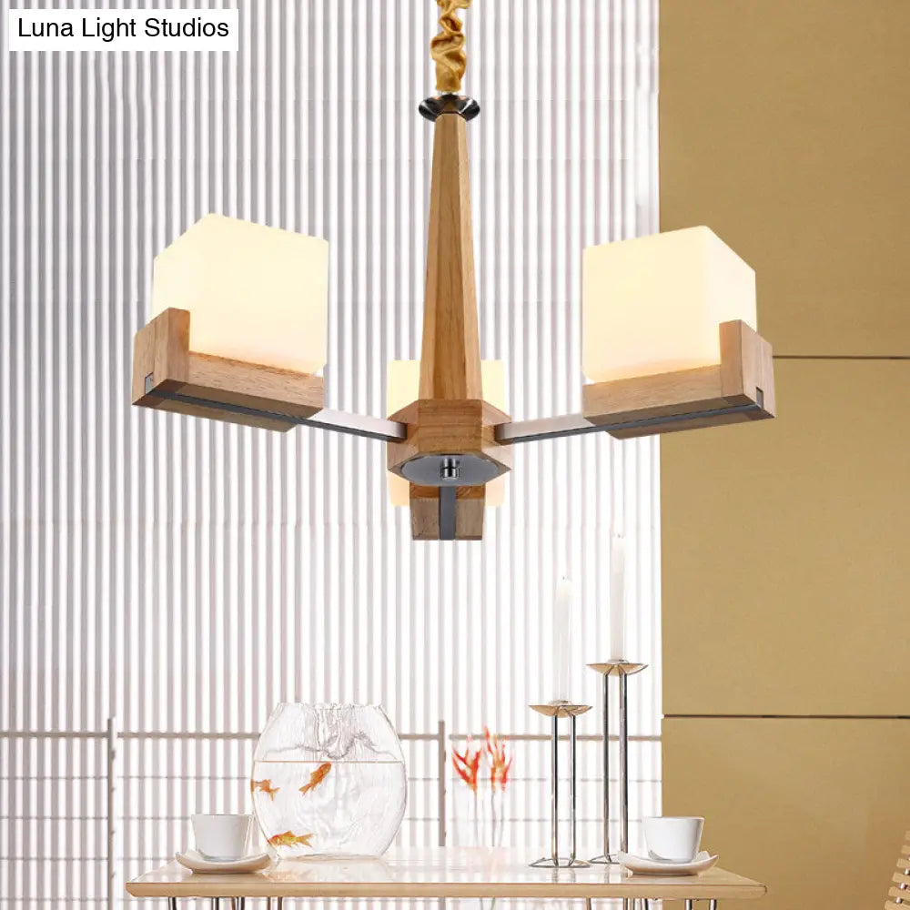 Modern Wood Cube Chandelier With Multiple Bulbs For Bedroom