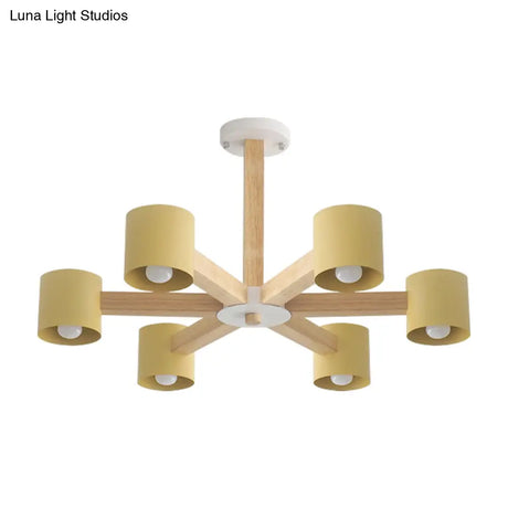 Modern Wood Cylindrical Kids Bedroom Pendant Light With Shade - Ceiling Chandelier