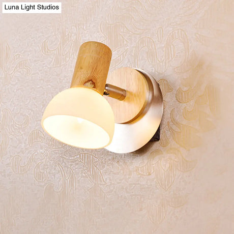 Modern Wood Domed Sconce Light Fixture With Milk White Glass Wall Mounted Lamp