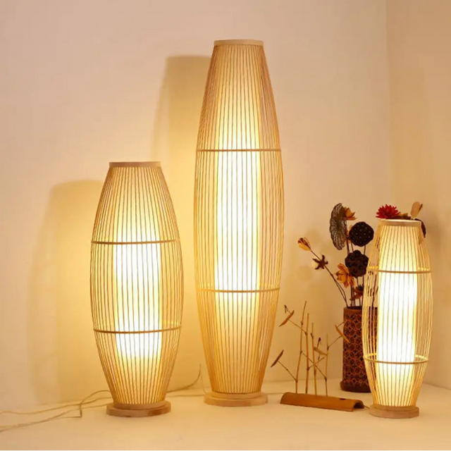 Modern Wood Floor Lamp With Oval Bamboo Cage Shade - 1-Head Living Room Light