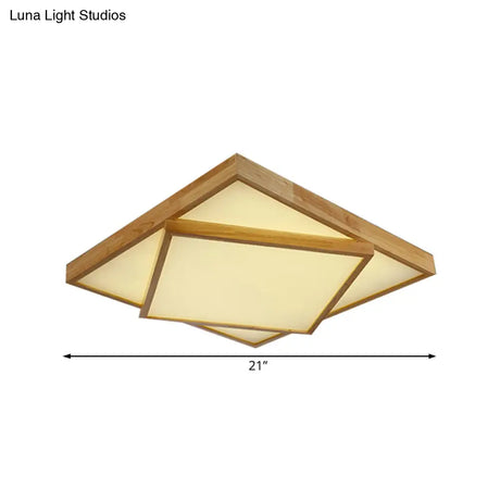 Modern Wood Flush Mount Led Ceiling Light For Bedroom - 19’/25’/31.5’ Wide Square Shape Warm/White