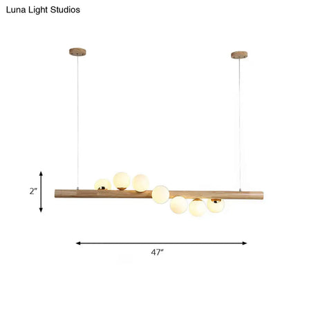 Modern Wood Island Light With Spherical Shade - Opal Glass Ceiling Lamp (5/7 Lights) For Dining Room