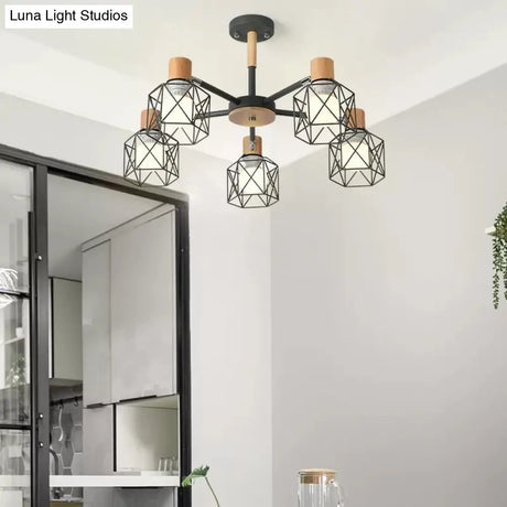 Modern Wood & Metal Chandelier For Villa And Restaurant - Wire Frame Hanging Light