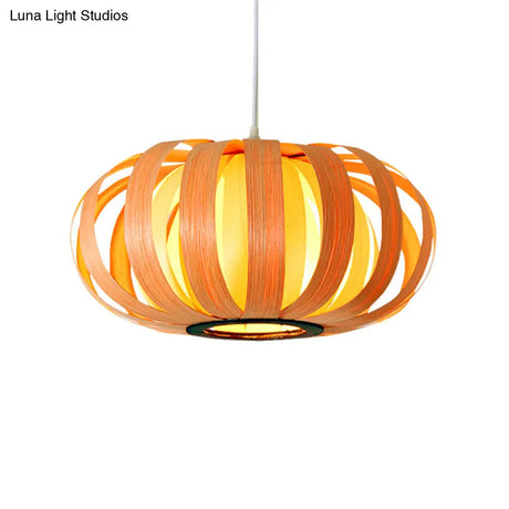 Modern Wood Pendant Light - Rounded Drum Shape Ideal For Restaurants
