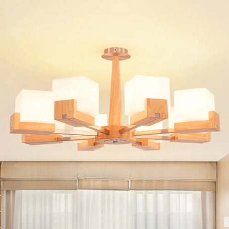 Modern Wood Radial Semi Flush Ceiling Lamp With White Glass Shade - 3/5/8 Lights Beige Fixture 8 /