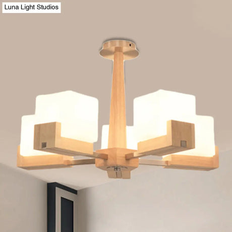Modern Wood Radial Semi Flush Ceiling Lamp With White Glass Shade - 3/5/8 Lights Beige Fixture