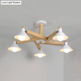 Modern Wood Spiral Semi Flush Mount Ceiling Lamp With 5 White Lights And Metal Cone Shade