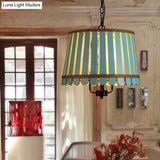 Modern Wooden Chandelier Light Fixture - 12.5/16.5 Wide Slatted Design 3 Lights Blue/Green/Wood