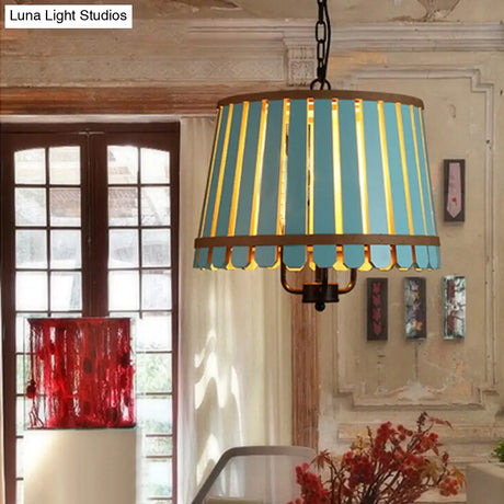 Modern Wooden Chandelier Light Fixture - 12.5/16.5 Wide Slatted Design 3 Lights Blue/Green/Wood