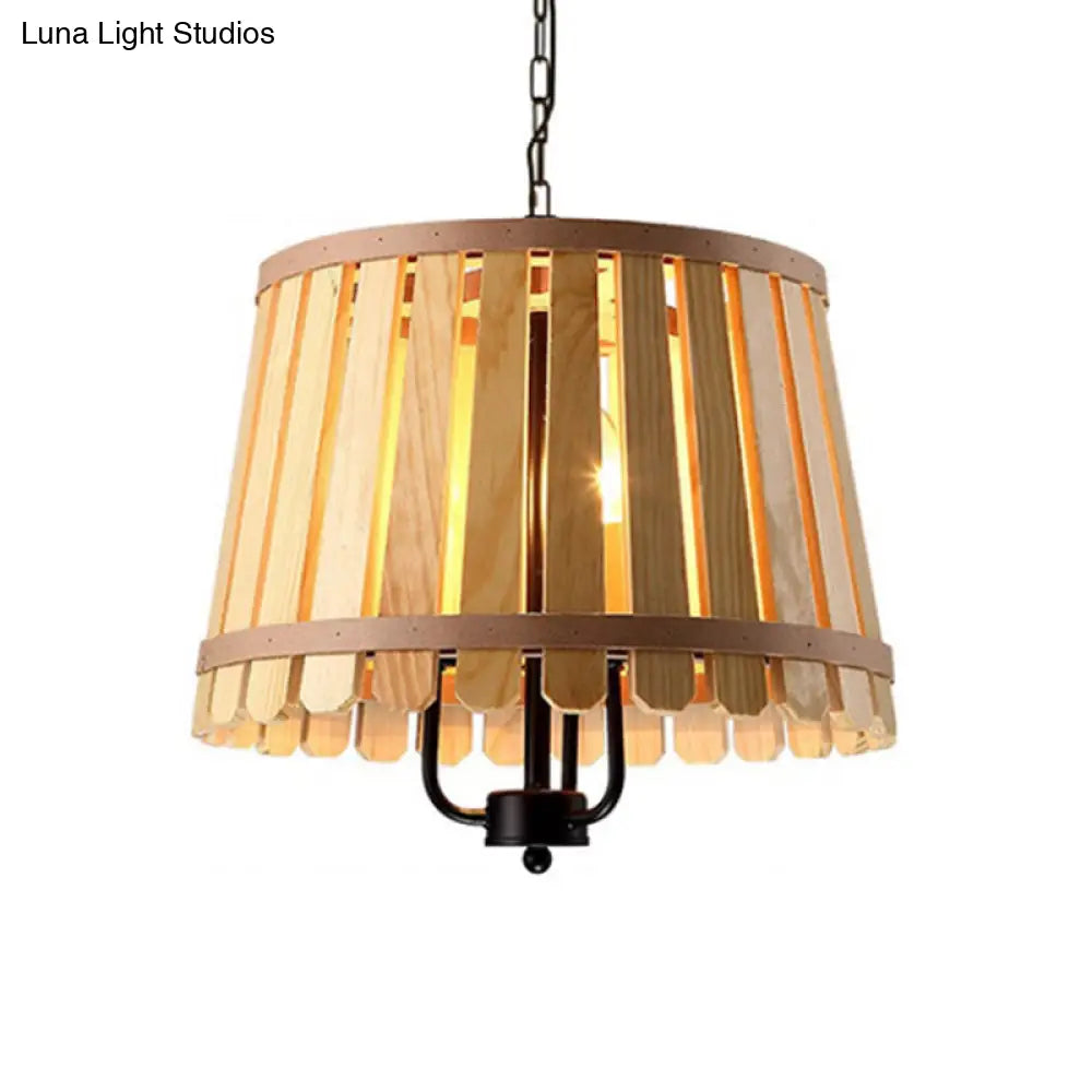 Modern Wooden Chandelier Light Fixture - 12.5/16.5 Wide Slatted Design 3 Lights Blue/Green/Wood
