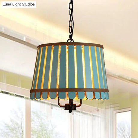Modern Wooden Chandelier Light Fixture - 12.5/16.5 Wide Slatted Design 3 Lights Blue/Green/Wood