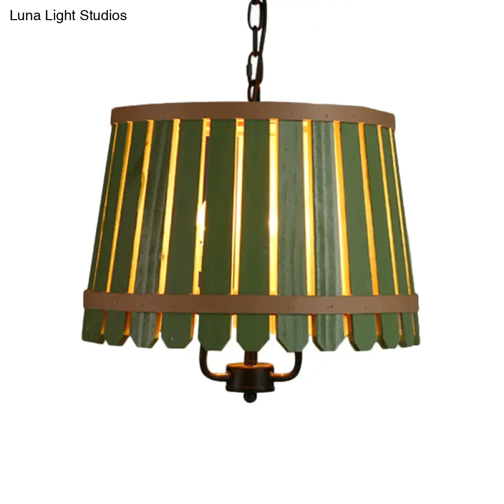 Modern Wooden Chandelier Light Fixture - 12.5/16.5 Wide Slatted Design 3 Lights Blue/Green/Wood