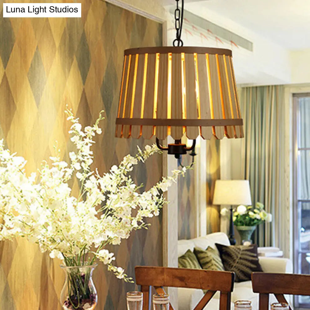 Modern Wooden Chandelier Light Fixture - 12.5/16.5 Wide Slatted Design 3 Lights Blue/Green/Wood