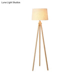 Modern Wooden Led Bedside Floor Lamp With Tripod Stand & Drum Fabric Shade