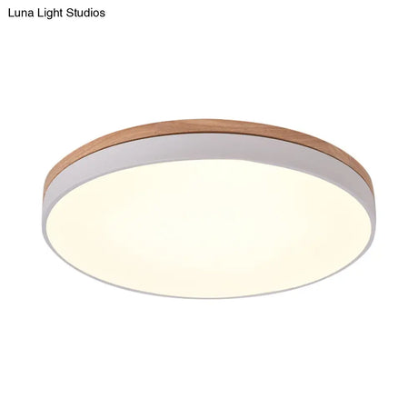 Modern Wooden Led Ceiling Lamp - Wide White Round Flush Mount Single Light For Living Room