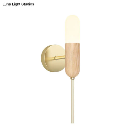 Modern Wooden Wall Lamp With Led Light Fixture And Handle - Capsule Design For Living Room