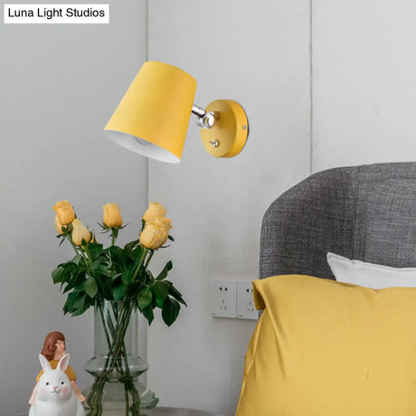 Modern Yellow Sconce Light Fixture With Conical Metal Shade For Bedroom Wall