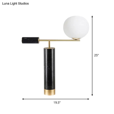 Modernist 1-Bulb Black Nightstand Lamp With Milk Glass Shade & Reading Light