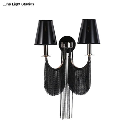 Modernist 2-Light Plastic Cone Shade Wall Sconce With Aluminum Tassel In Black/Silver