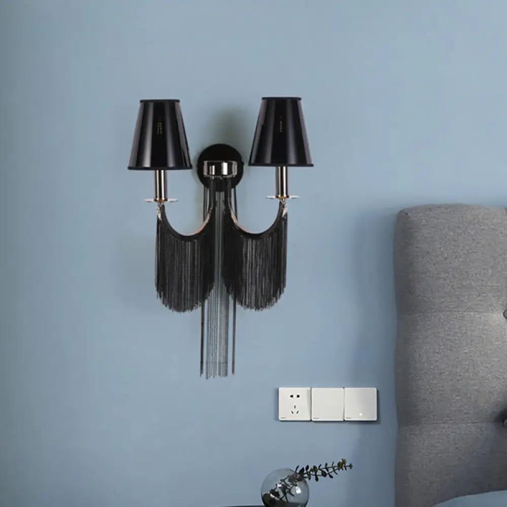 Modernist 2-Light Plastic Cone Shade Wall Sconce With Aluminum Tassel In Black/Silver Black
