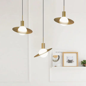 Modernist 3-Head Brass Pendant Light With Milky Glass Cluster - Global Design Panel Ring Detail