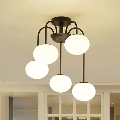 Modernist 5-Light Ceiling Mounted Semi Flush Mount With Frosted Glass Shade In Black/White Finish