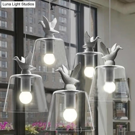 Modernist 5-Light Clear Glass Pendant With Bird Design - Cylindrical Shape