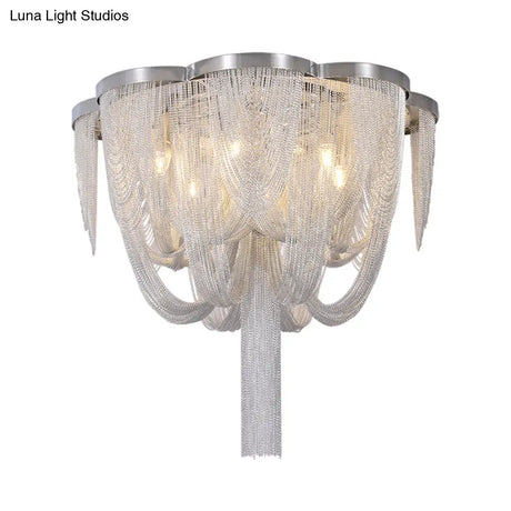Modernist Aluminum Chain Flush Mount Ceiling Lamp - 4 Lights Chrome Finish Fringe Design Ideal For