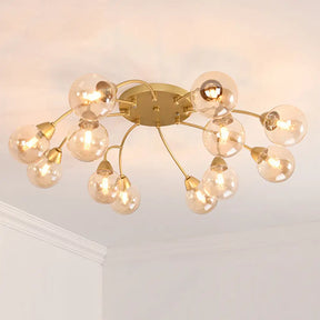 Modernist Amber/Smoky/Cream Glass Semi Flush Lamp With Grape Shape Led Lights - Gold Mount Fixture