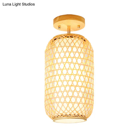 Modernist Bamboo Ceiling Mounted Semi Flush Light Fixture For Living Room - Wood Finish