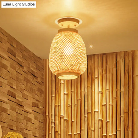 Modernist Bamboo Ceiling Mounted Semi Flush Light Fixture For Living Room - Wood Finish