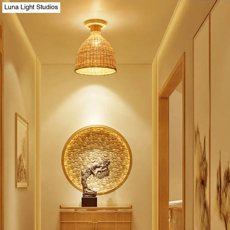 Modernist Bamboo Ceiling Mounted Semi Flush Light Fixture For Living Room - Wood Finish