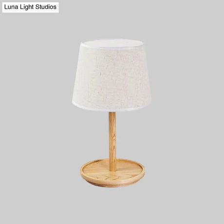 Modernist Barrel Task Lamp: 1-Bulb White Table Light With Beige Wood Base