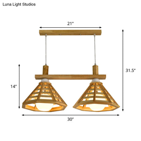 Modernist Beige Polygon Cage Pendant Lamp With Wood Shade - 2 Bulb Hanging Light