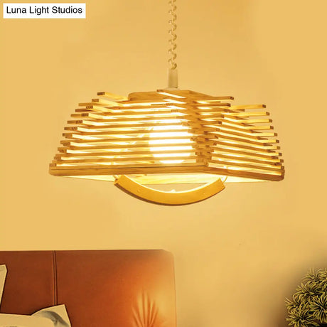Modernist Beige Tapered Pendant Light With Wood Shade