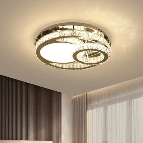 Modernist Beveled Crystal Led Ceiling Light: Round 19.5’/23.5’ Wide Chrome Semi Flush In