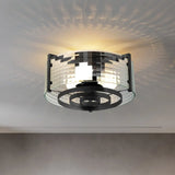 Modernist Black Glass Round Flushmount - Clear Trellis/Stripe 3 Bulbs Bedroom Flush Mounted Light /