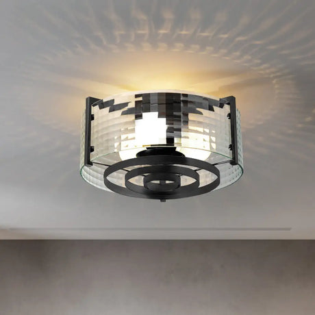 Modernist Black Glass Round Flushmount - Clear Trellis/Stripe 3 Bulbs Bedroom Flush Mounted Light /