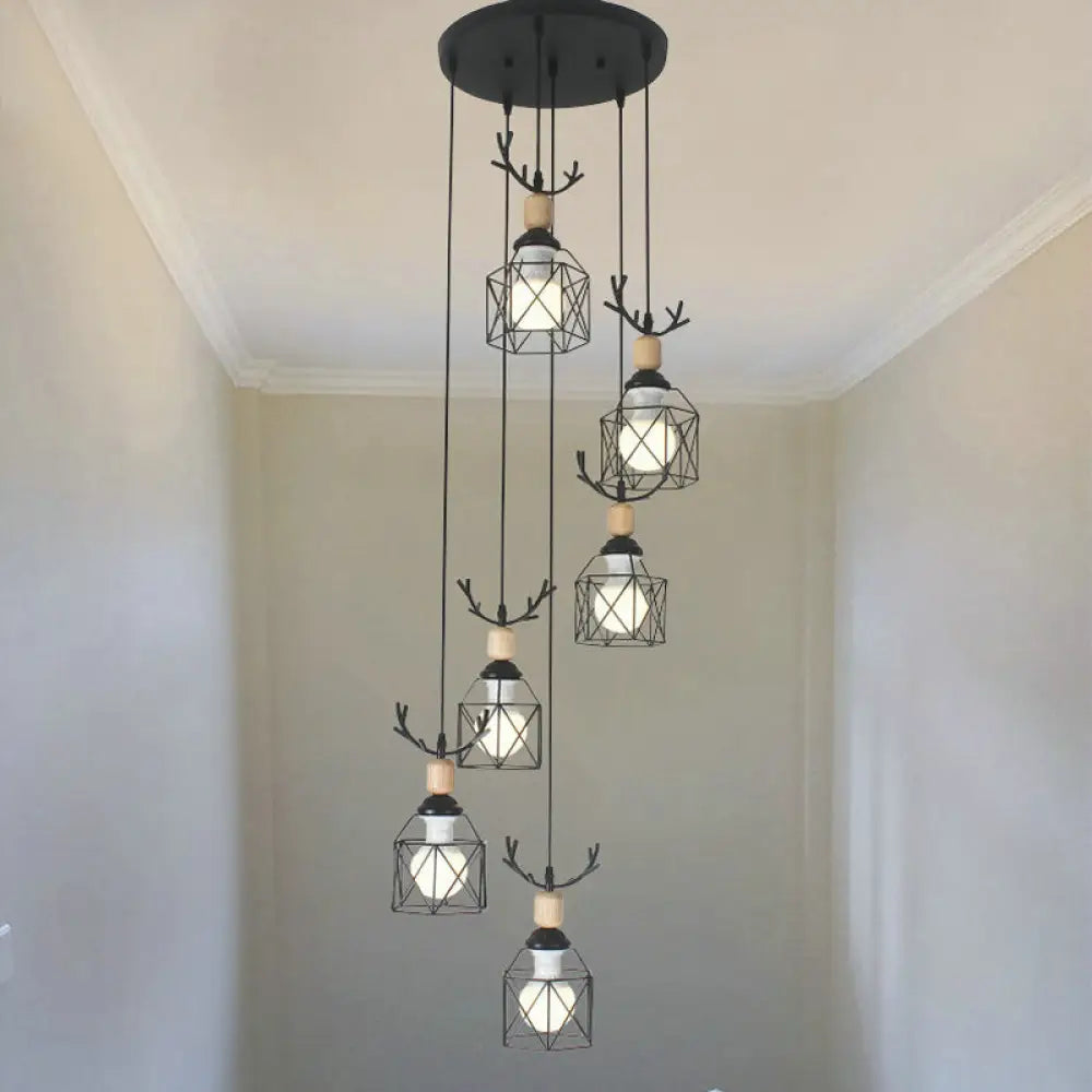 Modernist Black Hexagon Cage Pendant Lamp With Spiral Design - Metal Multiple Hanging Light 6 / B